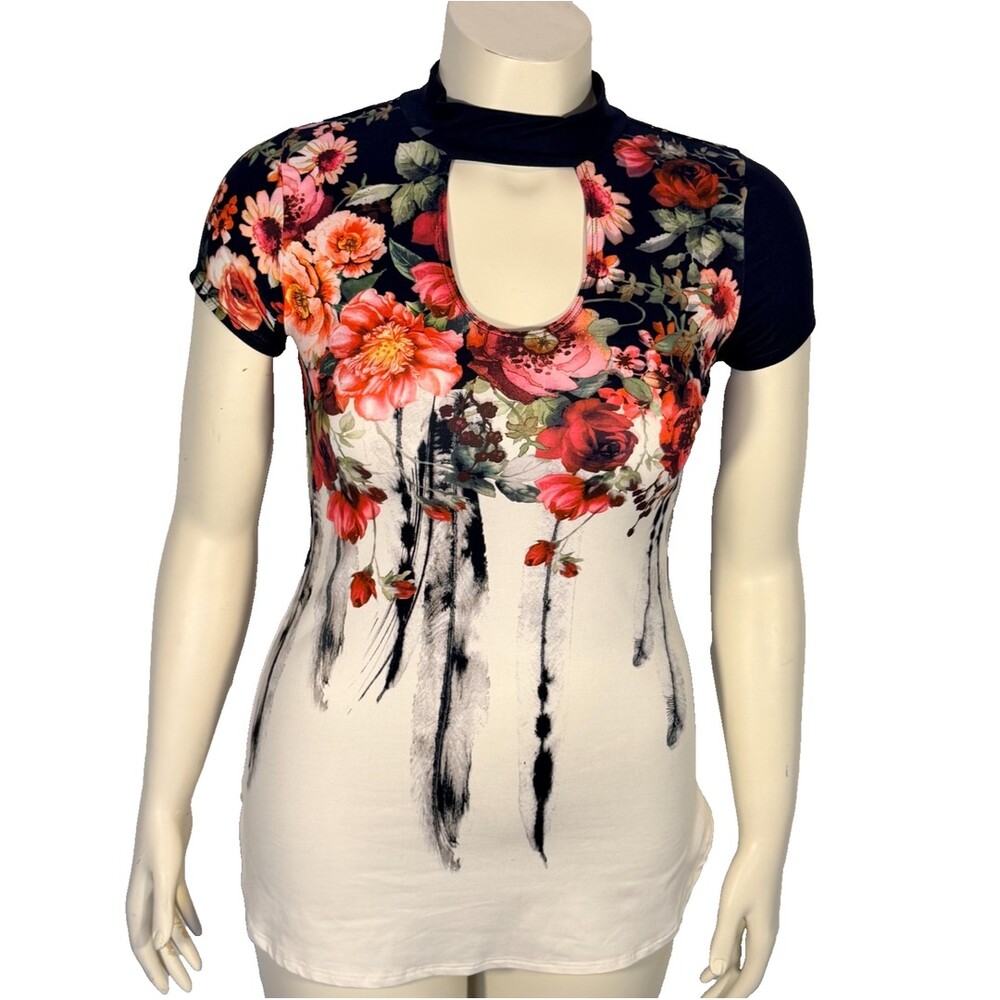 Glitz Tunic Tee Shirt Women's M Floral Feathers Mock Neck Round Keyhole Cut